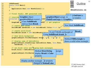 ShowColors.cs 33  [STAThread] 34  static void  Main()  35  { 36  Application.Run(  new  ShowColors() ); 37  } 38  39  // Visual Studio .NET generated code 40  41  // override Form OnPaint method 42  protected override void  OnPaint( PaintEventArgs e ) 43  { 44  Graphics graphicsObject = e.Graphics;  // get graphics 45  46  // create text brush 47  SolidBrush textBrush =  new  SolidBrush( Color. Black  ); 48  49  // create solid brush 50  SolidBrush brush =  new  SolidBrush( Color. White  );  51  52  // draw white background 53  graphicsObject.FillRectangle( brush,  4 ,  4 ,  275 ,  180  ); 54  55  // display name of behindColor 56  graphicsObject.DrawString( behindColor.Name,  this .Font, 57  textBrush,  40 ,  5  ); 58  59  // set brush color and display back rectangle 60  brush.Color = behindColor; 61  62  graphicsObject.FillRectangle( brush,  45 ,  20 ,  150 ,  120  ); 63  Method  OnPaint  to paint the window Graphics  object  graphicsObject  created graphicsObject  assign  to  PaintEventArgs   e ’s  Graphics New black  SolidBrush New white  SolidBrush Class  SolidBrush  derives from  Brush Method  FillRectangle  to draws a solid white rectangle X and Y coordinates of a point Width and height of the rectangle Color  behindColor  assign to  Color ’s property brush ’s  Color  property changed to  behindColor Method  DrawString  display  Brush ’s  Color  property Using  SolidBrush   brush Display another rectangle 