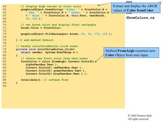 ShowColors.cs 64  // display Argb values of front color 65  graphicsObject.DrawString(  "Alpha: "  + frontColor.A + 66  " Red: "  + frontColor.R +  " Green: "  + frontColor.G  67  +  " Blue: "  + frontColor.B,  this .Font, textBrush,  68  55 ,  165  ); 69  70  // set brush color and display front rectangle 71  brush.Color = frontColor; 72  73  graphicsObject.FillRectangle( brush,  65 ,  35 ,  170 ,  130  ); 74  75  }  // end method OnPaint 76  77  // handle colorValueButton click event 78  private void  colorValueButton_Click(  79  object  sender, System.EventArgs e ) 80  { 81  // obtain new front color from text boxes 82  frontColor = Color.FromArgb( Convert.ToInt32(  83  alphaTextBox.Text ),  84  Convert.ToInt32( redTextBox.Text ), 85  Convert.ToInt32( greenTextBox.Text ),  86  Convert.ToInt32( blueTextBox.Text ) ); 87  88  Invalidate();  // refresh Form 89  } 90  Extract and display the ARGB values of  Color   frontColor Method  FromArgb  construct new  Color  Object from user input 