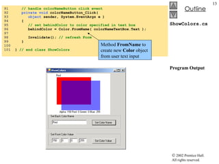 ShowColors.cs Program Output 91  // handle colorNameButton click event 92  private void  colorNameButton_Click(  93  object  sender, System.EventArgs e ) 94  { 95  // set behindColor to color specified in text box 96  behindColor = Color.FromName( colorNameTextBox.Text ); 97  98  Invalidate();  // refresh Form 99  }  100  101  }  // end class ShowColors Method  FromName  to create new  Color  object from user text input 