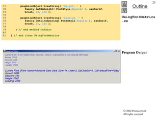 UsingFontMetrics.cs Program Output 71  graphicsObject.DrawString(  "Height: "  +  72  family.GetEmHeight( FontStyle. Regular  ), sanSerif, 73  brush,  10 ,  190  ); 74  75  graphicsObject.DrawString(  "Leading: "  + 76  family.GetLineSpacing( FontStyle. Regular  ), sanSerif, 77  brush,  10 ,  210  ); 78  79  }  // end method OnPaint 80  81  }  // end class UsingFontMetrics 