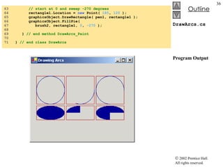 DrawArcs.cs Program Output 63  // start at 0 and sweep -270 degrees 64  rectangle1.Location =  new  Point(  185 ,  120  ); 65  graphicsObject.DrawRectangle( pen1, rectangle1 ); 66  graphicsObject.FillPie(  67  brush2, rectangle1,  0 ,  -270  ); 68  69  }  // end method DrawArcs_Paint 70  71  }  // end class DrawArcs 
