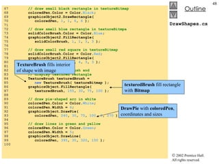 DrawShapes.cs 67  // draw small black rectangle in textureBitmap 68  coloredPen.Color = Color. Black ; 69  graphicsObject2.DrawRectangle(  70  coloredPen,  1 ,  1 ,  6 ,  6  ); 71  72  // draw small blue rectangle in textureBitmpa 73  solidColorBrush.Color = Color. Blue ; 74  graphicsObject2.FillRectangle(  75  solidColorBrush,  1 ,  1 ,  3 ,  3  ); 76  77  // draw small red square in textureBitmap 78  solidColorBrush.Color = Color. Red ; 79  graphicsObject2.FillRectangle(  80  solidColorBrush,  4 ,  4 ,  3 ,  3  ); 81  82  // create textured brush and  83  // display textured rectangle 84  TextureBrush texturedBrush =  85  new  TextureBrush( textureBitmap ); 86  graphicsObject.FillRectangle(  87  texturedBrush,  155 ,  30 ,  75 ,  100  ); 88  89  // draw pie-shaped arc in white 90  coloredPen.Color = Color. White ; 91  coloredPen.Width =  6 ; 92  graphicsObject.DrawPie(  93  coloredPen,  240 ,  30 ,  75 ,  100 ,  0 ,  270  ); 94  95  // draw lines in green and yellow 96  coloredPen.Color = Color. Green ; 97  coloredPen.Width =  5 ; 98  graphicsObject.DrawLine(  99  coloredPen,  395 ,  30 ,  320 ,  150  ); 100  TextureBrush  fills interior of shape with image texturedBrush  fill rectangle with  Bitmap DrawPie  with  coloredPen , coordinates and sizes  