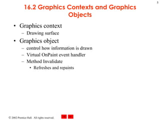 16.2 Graphics Contexts and Graphics Objects Graphics context Drawing surface Graphics object  control how information is drawn Virtual OnPaint event handler Method Invalidate Refreshes and repaints  