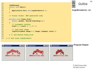 LogoAnimator.cs   Program Output 36  37  [STAThread] 38  static void  Main()  39  { 40  Application.Run(  new  LogoAnimator() ); 41  } 42  43  // Visual Studio .NET generated code 44  45  private void  Timer_Tick( 46  object  sender, System.EventArgs e ) 47  { 48  // increment counter 49  count = ( count +  1  ) %  30 ; 50  51  // load next image 52  logoPictureBox.Image = ( Image )images[ count ]; 53  54  }  // end method Timer_Tick 55  56  }  // end class LogoAnimator 