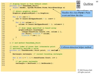 ChessGame.cs 171  // display board in form OnPaint event 172  private void  ChessGame_Paint( 173  object  sender, System.Windows.Forms.PaintEventArgs e) 174  { 175  // obtain graphics object 176  Graphics graphicsObject = e.Graphics; 177  178  for  (  int  row =  0 ;  179  row <= board.GetUpperBound(  0  ); row++ ) 180  { 181  for  (  int  column =  0 ;  182  column <= board.GetUpperBound(  1  ); column++ ) 183  { 184  // draw image specified in board array 185  graphicsObject.DrawImage( 186  (Image)chessTile[ board[ row, column ] ], 187  new  Point(  TILESIZE  * column, 188  TILESIZE  * row ) ); 189  } 190  } 191  192  }  // end method ChessGame_Paint 193  194  // return index of piece that intersects point 195  // optionally exclude a value 196  private int  CheckBounds( Point point,  int  exclude ) 197  { 198  Rectangle rectangle;  // current bounding rectangle 199  200  for  (  int  i =  0 ; i < chessPieces.Count; i++ ) 201  { 202  // get piece rectangle 203  rectangle = GetPiece( i ).GetBounds(); 204  Handles this class  Form ’s Paint event and draw the tiles Collision-detection helper method 
