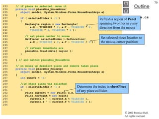 ChessGame.cs 233  // if piece is selected, move it 234  private void  pieceBox_MouseMove( 235  object  sender, System.Windows.Forms.MouseEventArgs e) 236  { 237  if  ( selectedIndex >  -1  ) 238  { 239  Rectangle region =  new  Rectangle(  240  e.X - TILESIZE *  2 , e.Y -  TILESIZE  *  2 ,  241  TILESIZE  *  4 ,   TILESIZE  *  4  ); 242  243  // set piece center to mouse 244  GetPiece( selectedIndex ).SetLocation(  245  e.X -  TILESIZE  /  2 , e.Y -  TILESIZE  /  2  ); 246  247  // refresh immediate are 248  pieceBox.Invalidate( region ); 249  } 250  251  }  // end method pieceBox_MouseMove 252  253  // on mouse up deselect piece and remove taken piece 254  private void  pieceBox_MouseUp( 255  object  sender, System.Windows.Forms.MouseEventArgs e) 256  { 257  int  remove =  -1 ; 258  259  //if chess piece was selected 260  if  ( selectedIndex >  -1  ) 261  { 262  Point current =  new  Point( e.X, e.Y ); 263  Point newPoint =  new  Point(  264  current.X - ( current.X %  TILESIZE  ), 265  current.Y - ( current.Y %  TILESIZE  ) ); 266  Set selected piece location to the mouse-cursor position Refresh a region of  Panel  spanning two tiles in every direction from the mouse Determine the index in  chessPiece  of any piece collision 