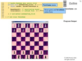 ChessGame.cs Program Output 294  // handle NewGame menu option click 295  private void  newGameItem_Click( 296  object  sender, System.EventArgs e) 297  { 298  ResetBoard();  // reinitialize board 299  Invalidate();  // refresh form 300  301  }  // end method newGameItem_Click 302  303  }  // end class ChessGame NewGame  menu  Reset game and  Invalidate  entire form 