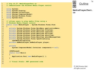MediaPlayerTest.cs 1  // Fig 16.27: MediaPlayerTest.cs 2  // Demonstrates the Windows Media Player control 3  4  using  System; 5  using  System.Drawing; 6  using  System.Collections; 7  using  System.ComponentModel; 8  using  System.Windows.Forms; 9  using  System.Data; 10  11  // allows users to play media files using a  12  // Windows Media Player control 13  public class  MediaPlayer : System.Windows.Forms.Form 14  { 15  private  System.Windows.Forms.MainMenu applicationMenu; 16  private  System.Windows.Forms.MenuItem fileItem; 17  private  System.Windows.Forms.MenuItem openItem; 18  private  System.Windows.Forms.MenuItem exitItem; 19  private  System.Windows.Forms.MenuItem aboutItem; 20  private  System.Windows.Forms.MenuItem aboutMessageItem; 21  private  System.Windows.Forms.OpenFileDialog  22  openMediaFileDialog; 23  private  AxMediaPlayer.AxMediaPlayer player; 24  25  private   26  System.ComponentModel.Container components =  null ; 27  28  [STAThread] 29  static void  Main()  30  { 31  Application.Run(  new  MediaPlayer() ); 32  } 33  34  // Visual Studio .NET generated code 35  