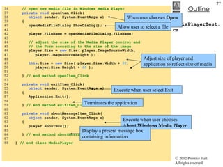 MediaPlayerTest.cs 36  // open new media file in Windows Media Player 37  private void  openItem_Click( 38  object  sender, System.EventArgs e) 39  { 40  openMediaFileDialog.ShowDialog(); 41  42  player.FileName = openMediaFileDialog.FileName; 43  44  // adjust the size of the Media Player control and 45  // the Form according to the size of the image 46  player.Size =  new  Size( player.ImageSourceWidth,  47  player.ImageSourceHeight ); 48  49  this .Size =  new  Size( player.Size.Width +  20 ,  50  player.Size.Height +  60  ); 51  52  }  // end method openItem_Click 53  54  private void  exitItem_Click( 55  object  sender, System.EventArgs e) 56  { 57  Application.Exit(); 58  59  }  // end method exitItem_Click 60  61  private void  aboutMessageItem_Click( 62  object  sender, System.EventArgs e) 63  { 64  player.AboutBox(); 65  66  }  // end method aboutMessageItem_Click 67  68  }  // end class MediaPlayer When user chooses  Open  from the  File  menu Allow user to select a file Adjust size of player and application to reflect size of media Execute when user select Exit Terminates the application Execute when user chooses  About Windows Media Player Display a present message box containing information 