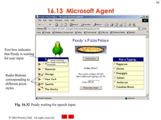 16.13  Microsoft Agent Fig. 16.32 Peedy waiting for speech input.   Text box indicates that Peedy is waiting for user input Radio Buttons corresponding to different pizza styles 