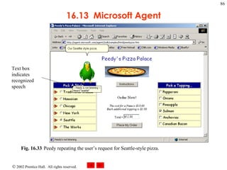 16.13  Microsoft Agent Fig. 16.33 Peedy repeating the user’s request for Seattle-style pizza.   Text box indicates recognized speech 