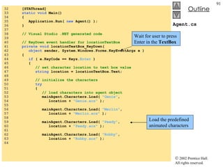 Agent.cs 32  [STAThread] 33  static void  Main()  34  { 35  Application.Run(  new  Agent() ); 36  } 37  38  // Visual Studio .NET generated code 39  40  // KeyDown event handler for locationTextBox 41  private void  locationTextBox_KeyDown( 42  object  sender, System.Windows.Forms.KeyEventArgs e ) 43  { 44  if  ( e.KeyCode == Keys. Enter  ) 45  { 46  // set character location to text box value 47  string  location = locationTextBox.Text; 48  49  // initialize the characters 50  try 51  { 52  // load characters into agent object 53  mainAgent.Characters.Load(  "Genie" , 54  location +  "Genie.acs"  ); 55  56  mainAgent.Characters.Load(  "Merlin" , 57  location +  "Merlin.acs"  ); 58  59  mainAgent.Characters.Load(  "Peedy" , 60  location +  "Peedy.acs"  ); 61  62  mainAgent.Characters.Load(  "Robby" , 63  location +  "Robby.acs"  ); 64  Wait for user to press Enter in the  TextBox Load the predefined animated characters 