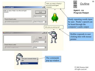 Agent.cs Program Output Peedy repeating words input by user.  Peedy’s speech can be heard through the computer’s audio output The commands pop up window Robbie responds to user clicking him with mouse pointer 