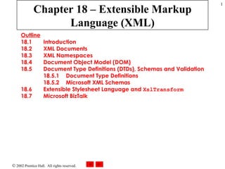 Chapter 18 – Extensible Markup Language (XML) Outline 18.1  Introduction 18.2  XML Documents 18.3  XML Namespaces 18.4  Document Object Model (DOM) 18.5  Document Type Definitions (DTDs), Schemas and Validation 18.5.1  Document Type Definitions 18.5.2  Microsoft XML Schemas 18.6  Extensible Stylesheet Language and  XslTransform 18.7  Microsoft BizTalk  
