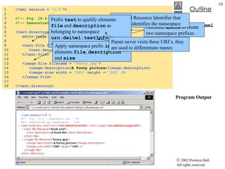 namespace.xml  Program Output 1  <?xml version =  "1.0" ?> 2  3  <!-- Fig. 18.4: namespace.xml --> 4  <!-- Demonstrating namespaces --> 5  6  <text:directory xmlns:text =  "urn:deitel:textInfo" 7  xmlns:image =  "urn:deitel:imageInfo" > 8  9  <text:file filename =  "book.xml" > 10  <text:description> A book list </text:description> 11  </text:file> 12  13  <image:file filename =  "funny.jpg" > 14  <image:description> A funny picture </image:description> 15  <image:size width =  "200"  height =  "100"  /> 16  </image:file> 17  18  </text:directory> Attribute  xmlns   to create two namespace prefixes Universal Resource Identifier that uniquely identifies the namespace Prefix  text  to qualify elements  file  and  description  as belonging to namespace  urn:deitel:textInfo  by applying namespace prefix  text Apply namespace prefix  image  to elements  file ,  description  and  size Parser never visits these URI’s, they are used to differentiate names 