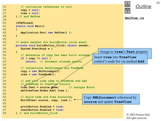 XmlDom.cs 35  // initialize references to null 36  copy =  null ; 37  tree =  null ; 38  }  // end XmlDom 39  40  [STAThread] 41  static   void  Main()  42  { 43  Application.Run(  new  XmlDom() ); 44  } 45  46  // event handler for buildButton click event 47  private   void  buildButton_Click(  object  sender,  48  System.EventArgs e ) 49  { 50  // determine if copy has been built already 51  if  ( copy !=  null  )  52  return ;   // document already exists 53  54  // instantiate XmlDocument and TreeNode 55  copy =  new  XmlDocument(); 56  tree =  new  TreeNode(); 57  58  // add root node name to TreeNode and add 59  // TreeNode to TreeView control 60  tree.Text = source.Name;  // assigns #root 61  xmlTreeView.Nodes.Add( tree ); 62  63  // build node and tree hierarchy 64  BuildTree( source, copy, tree ); 65  66  printButton.Enabled =  true ; 67  resetButton.Enabled =  true ; 68  }  // end buildButton_Click Assign to  tree ’s  Text  property the name of the root in  source   Insert  tree  into  TreeView  control’s node list via method  Add Copy  XMLDocument  referenced by  source  and update  TreeView 