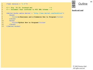 bookxsd.xml 1  <?xml version =  "1.0" ?> 2  3  <!-- Fig. 18.18: bookxsd.xml  --> 4  <!-- Document that conforms to W3C XML Schema --> 5  6  <deitel:books xmlns:deitel =  "http://www.deitel.com/booklist" > 7  <book> 8  <title> e-Business and e-Commerce How to Program </title> 9  </book> 10  <book> 11  <title> Python How to Program </title> 12  </book> 13  </deitel:books> 