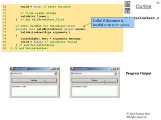 ValidationTest.cs  Program Output 69  valid =  true ;  // reset variable 70  71  // close reader stream 72  validator.Close(); 73  }  // end validateButton_Click 74    75  // event handler for validation error 76  private   void  ValidationError(  object  sender,  77  ValidationEventArgs arguments )  78  { 79  consoleLabel.Text = arguments.Message; 80  valid =  false ;  // validation failed 81  }  // end ValidationError 82  }  // end ValidationTest Called if document is invalid or an error occurs 