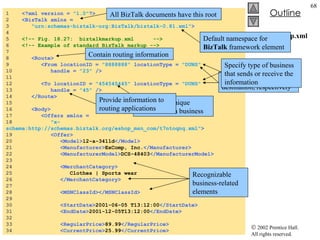 Biztalkmarkup.xml 1  <?xml version =  "1.0" ?> 2  <BizTalk xmlns = 3  "urn:schemas-biztalk-org:BizTalk/biztalk-0.81.xml" > 4  5  <!-- Fig. 18.27:  biztalkmarkup.xml  --> 6  <!-- Example of standard BizTalk markup --> 7  8  <Route> 9  <From locationID =  "8888888"  locationType =  "DUNS" 10  handle =  "23"  /> 11  12  <To locationID =  "454545445"  locationType =  "DUNS" 13  handle =  "45"  /> 14  </Route> 15  16  <Body> 17  <Offers xmlns = 18  "x-schema:http://schemas.biztalk.org/eshop_msn_com/t7ntoqnq.xml" > 19  <Offer> 20  <Model> 12-a-3411d </Model> 21  <Manufacturer> ExComp, Inc. </Manufacturer> 22  <ManufacturerModel> DCS-48403 </ManufacturerModel> 23  24  <MerchantCategory> 25  Clothes | Sports wear 26  </MerchantCategory> 27  28  <MSNClassId></MSNClassId> 29  30  <StartDate> 2001-06-05 T13:12:00 </StartDate> 31  <EndDate> 2001-12-05T13:12:00 </EndDate> 32  33  <RegularPrice> 89.99 </RegularPrice> 34  <CurrentPrice> 25.99 </CurrentPrice> All BizTalk documents have this root Default namespace for  BizTalk  framework element Contain routing information  Indicate source and destination, respectively Specify type of business that sends or receive the information Specify the unique identifier for a business Provide information to routing applications Recognizable business-related elements 