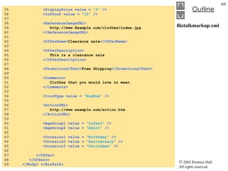 Biztalkmarkup.xml 35  <DisplayPrice value =  "3"  /> 36  <InStock value =  "15"  /> 37  38  <ReferenceImageURL> 39  http://www.Example.com/clothes/index.jpg 40  </ReferenceImageURL> 41  42  <OfferName> Clearance sale </OfferName> 43  44  <OfferDescription> 45  This is a clearance sale 46  </OfferDescription> 47  48  <PromotionalText> Free Shipping </PromotionalText> 49  50  <Comments> 51  Clothes that you would love to wear. 52  </Comments> 53  54  <IconType value =  "BuyNow"  /> 55  56  <ActionURL> 57  http://www.example.com/action.htm 58  </ActionURL> 59  60  <AgeGroup1 value =  "Infant"  /> 61  <AgeGroup2 value =  "Adult"  /> 62  63  <Occasion1 value =  "Birthday"  /> 64  <Occasion2 value =  "Anniversary"  /> 65  <Occasion3 value =  "Christmas"  /> 66  67  </Offer> 68  </Offers> 69  </Body>   </BizTalk> 