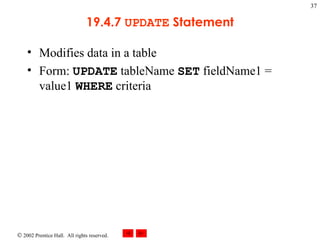 19.4.7  UPDATE  Statement Modifies data in a table Form:  UPDATE  tableName  SET  fieldName1 = value1  WHERE  criteria 
