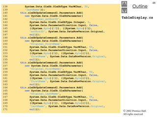 TableDisplay.cs 138  System.Data.OleDb.OleDbType.VarWChar,  50 ,  139  "lastName" )); 140  this .oleDbUpdateCommand1.Parameters.Add( 141  new  System.Data.OleDb.OleDbParameter( 142  "Original_authorID" ,  143  System.Data.OleDb.OleDbType.Integer,  0 ,  144  System.Data.ParameterDirection.Input,  false ,  145  ((System. Byte )( 10 )), ((System. Byte )( 0 )),  146  "authorID" , System.Data.DataRowVersion.Original,  147  null )); 148  this .oleDbUpdateCommand1.Parameters.Add( 149  new  System.Data.OleDb.OleDbParameter( 150  "Original_firstName" ,  151  System.Data.OleDb.OleDbType.VarWChar,  50 ,  152  System.Data.ParameterDirection.Input,  false ,  153  ((System. Byte )( 0 )), ((System. Byte )( 0 )),  154  "firstName" , System.Data.DataRowVersion. Original ,  155  null )); 156  this .oleDbUpdateCommand1.Parameters.Add( 157  new  System.Data.OleDb.OleDbParameter( 158  "Original_firstName1" ,  159  System.Data.OleDb.OleDbType.VarWChar,  50 ,  160  System.Data.ParameterDirection.Input,  false ,  161  ((System. Byte )( 0 )), ((System. Byte )( 0 )),  162  "firstName" , System.Data.DataRowVersion. Original ,  163  null )); 164  this .oleDbUpdateCommand1.Parameters.Add( 165  new  System.Data.OleDb.OleDbParameter( 166  "Original_lastName" ,  167  System.Data.OleDb.OleDbType.VarWChar,  50 ,  168  System.Data.ParameterDirection.Input,  false ,  169  ((System. Byte )( 0 )), ((System. Byte )( 0 )),  170  "lastName" , System.Data.DataRowVersion. Original ,  171  null )); 