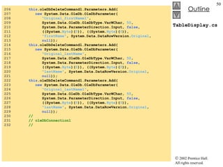 TableDisplay.cs 206  this .oleDbDeleteCommand1.Parameters.Add( 207  new  System.Data.OleDb.OleDbParameter( 208  "Original_firstName1" ,  209  System.Data.OleDb.OleDbType.VarWChar,  50 ,  210  System.Data.ParameterDirection.Input,  false ,  211  ((System. Byte )( 0 )), ((System. Byte )( 0 )),  212  "firstName" , System.Data.DataRowVersion. Original ,  213  null )); 214  this .oleDbDeleteCommand1.Parameters.Add( 215  new  System.Data.OleDb.OleDbParameter( 216  "Original_lastName" ,  217  System.Data.OleDb.OleDbType.VarWChar,  50 ,  218  System.Data.ParameterDirection.Input,  false , 219  ((System. Byte )( 0 )), ((System. Byte )( 0 )),  220  "lastName" , System.Data.DataRowVersion. Original ,  221  null )); 222  this .oleDbDeleteCommand1.Parameters.Add( 223  new  System.Data.OleDb.OleDbParameter( 224  "Original_lastName1" ,  225  System.Data.OleDb.OleDbType.VarWChar,  50 ,  226  System.Data.ParameterDirection.Input,  false ,  227  ((System. Byte )( 0 )), ((System. Byte )( 0 )),  228  "lastName" , System.Data.DataRowVersion. Original ,  229  null )); 230  //  231  // oleDbConnection1 232  //  