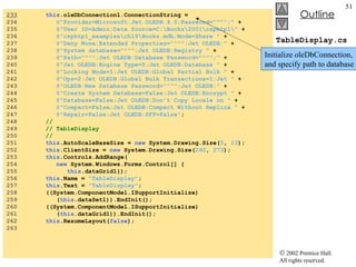 TableDisplay.cs 233   this .oleDbConnection1.ConnectionString =  234  @"Provider=Microsoft.Jet.OLEDB.4.0;Password="""";"  + 235  @"User ID=Admin;Data Source=C:\Books\2001\csphtp1\"  + 236  @"csphtp1_examples\ch19\Books.mdb;Mode=Share "  + 237  @"Deny None;Extended Properties="""";Jet OLEDB:"  + 238  @"System database="""";Jet OLEDB:Registry "  + 239  @"Path="""";Jet OLEDB:Database Password="""";"  + 240  @"Jet OLEDB:Engine Type=5;Jet OLEDB:Database "  + 241  @"Locking Mode=1;Jet OLEDB:Global Partial Bulk "  + 242  @"Ops=2;Jet OLEDB:Global Bulk Transactions=1;Jet "  + 243  @"OLEDB:New Database Password="""";Jet OLEDB:"  + 244  @"Create System Database=False;Jet OLEDB:Encrypt "  + 245  @"Database=False;Jet OLEDB:Don't Copy Locale on "  + 246  @"Compact=False;Jet OLEDB:Compact Without Replica "  + 247  @"Repair=False;Jet OLEDB:SFP=False" ; 248  //  249  // TableDisplay 250  //  251  this .AutoScaleBaseSize =  new  System.Drawing.Size( 5 ,  13 ); 252  this .ClientSize =  new  System.Drawing.Size( 292 ,  273 ); 253  this .Controls.AddRange( 254  new  System.Windows.Forms.Control[] { 255  this .dataGrid1}); 256  this .Name =  "TableDisplay" ; 257  this .Text =  "TableDisplay" ; 258  ((System.ComponentModel.ISupportInitialize) 259  ( this .dataSet1)).EndInit(); 260  ((System.ComponentModel.ISupportInitialize) 261  ( this .dataGrid1)).EndInit(); 262  this .ResumeLayout( false ); 263  Initialize oleDbConnection, and specify path to database 