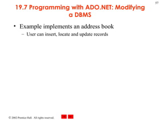 19.7 Programming with ADO.NET: Modifying a DBMS Example implements an address book User can insert, locate and update records  
