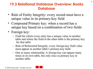 19.3 Relational Database Overview: Books Database Rule of Entity Integrity: every record must have a unique value in its primary-key field Compound Primary key: when a record has a unique key based on a combination of two fields Foreign key: Field for which every entry has a unique value in another table and where the field in the other table is the primary key  for that table Rule of Referential Integrity: every foreign-key field value must appear in another table’s primary-key field One to many relationship: A foreign key can appear many times in its own table, but only once as primary key in another table 