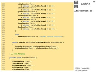 AddressBook.cs 239  cityTextBox.Text = 240  (  string  ) dataTable.Rows[  0  ][  4  ]; 241  stateTextBox.Text = 242  (  string  ) dataTable.Rows[  0  ][  5  ]; 243  postalTextBox.Text = 244  (  string  ) dataTable.Rows[  0  ][  6  ]; 245  countryTextBox.Text = 246  (  string  ) dataTable.Rows[  0  ][  7  ]; 247  emailTextBox.Text = 248  (  string  ) dataTable.Rows[  0  ][  8  ]; 249  homeTextBox.Text = 250  (  string  ) dataTable.Rows[  0  ][  9  ]; 251  faxTextBox.Text = 252  (  string  ) dataTable.Rows[  0  ][  10  ]; 253  } 254  255  else 256  statusTextBox.Text +=  "\r\nNo record found\r\n "; 257  } 258  259  catch ( System.Data.OleDb.OleDbException oleException ) 260  { 261  Console.WriteLine( oleException.StackTrace ); 262  statusTextBox.Text += oleException.ToString(); 263  } 264  265  }  // end Display 266  267  private   void  ClearTextBoxes() 268  { 269  firstTextBox.Clear(); 270  lastTextBox.Clear(); 271  addressTextBox.Clear(); 272  cityTextBox.Clear(); 273  stateTextBox.Clear(); 