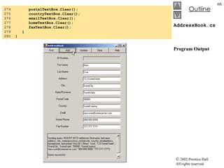 AddressBook.cs Program Output 274  postalTextBox.Clear(); 275  countryTextBox.Clear(); 276  emailTextBox.Clear(); 277  homeTextBox.Clear(); 278  faxTextBox.Clear(); 279  } 280  } 