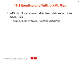 19.8 Reading and Writing XML Files ADO.NET can convert data from data source into XML files Uses methods WriteXml, ReadXml andGetXml 