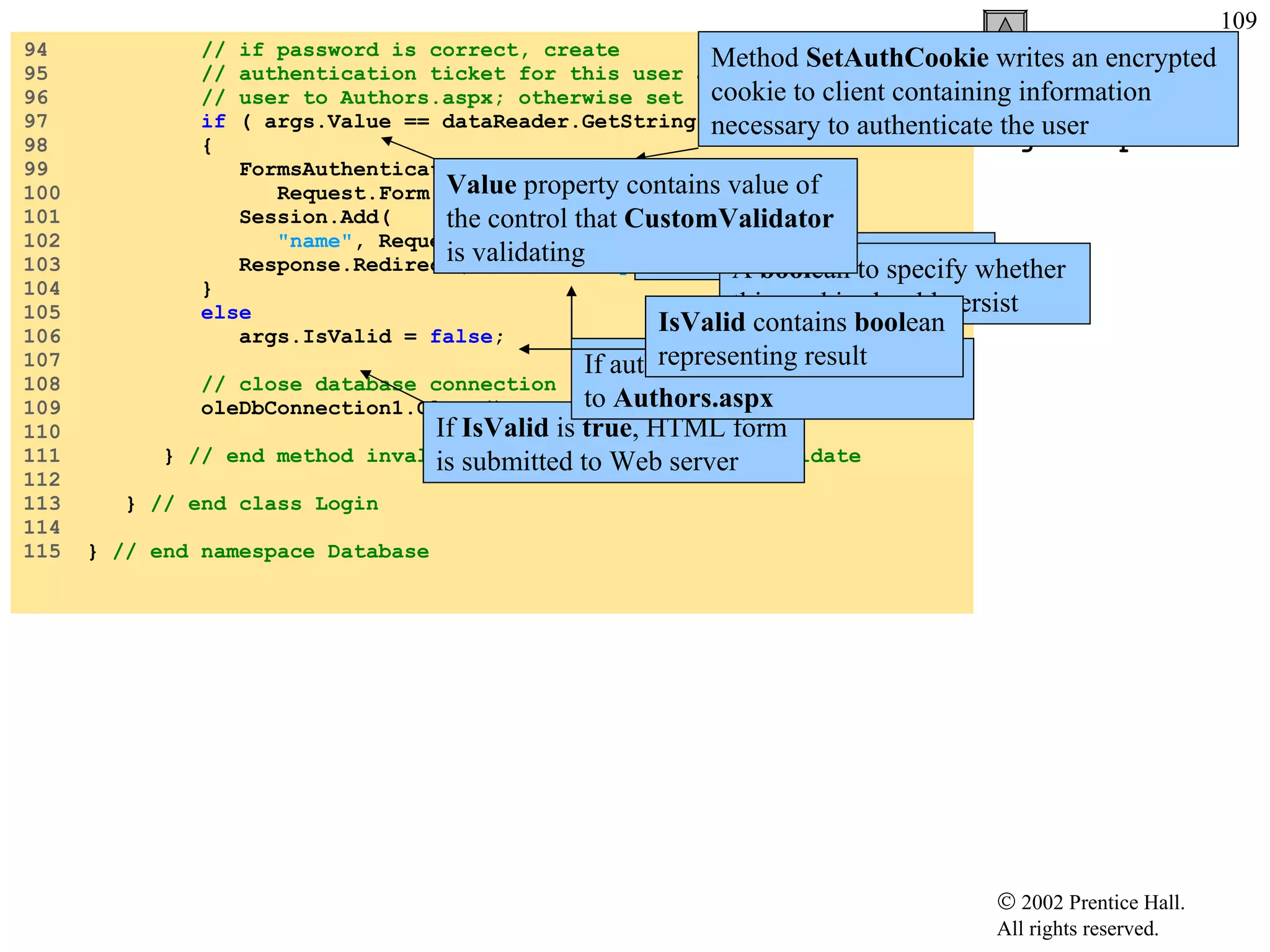 Login.aspx.cs 94  // if password is correct, create 95  // authentication ticket for this user and redirect 96  // user to Authors.aspx; otherwise set IsValid to false 97  if  ( args.Value == dataReader.GetString(  1  ) ) 98  { 99  FormsAuthentication.SetAuthCookie( 100  Request.Form[  "namelist"  ],  false  ); 101  Session.Add( 102  "name" , Request.Form[  "nameList"  ].ToString() ); 103  Response.Redirect(  "Authors.aspx"  ); 104  } 105  else 106  args.IsValid =  false ; 107  108  // close database connection 109  oleDbConnection1.Close(); 110  111  }  // end method invalidPasswordValidator_ServerValidate 112  113  }  // end class Login 114  115  }  // end namespace Database If  IsValid  is  true , HTML form is submitted to Web server Method  SetAuthCookie  writes an encrypted cookie to client containing information necessary to authenticate the user String  containing user name A  bool ean to specify whether this cookie should persist If authenticated, user redirected to  Authors.aspx IsValid  contains  bool ean representing result Value  property contains value of the control that  CustomValidator  is validating 
