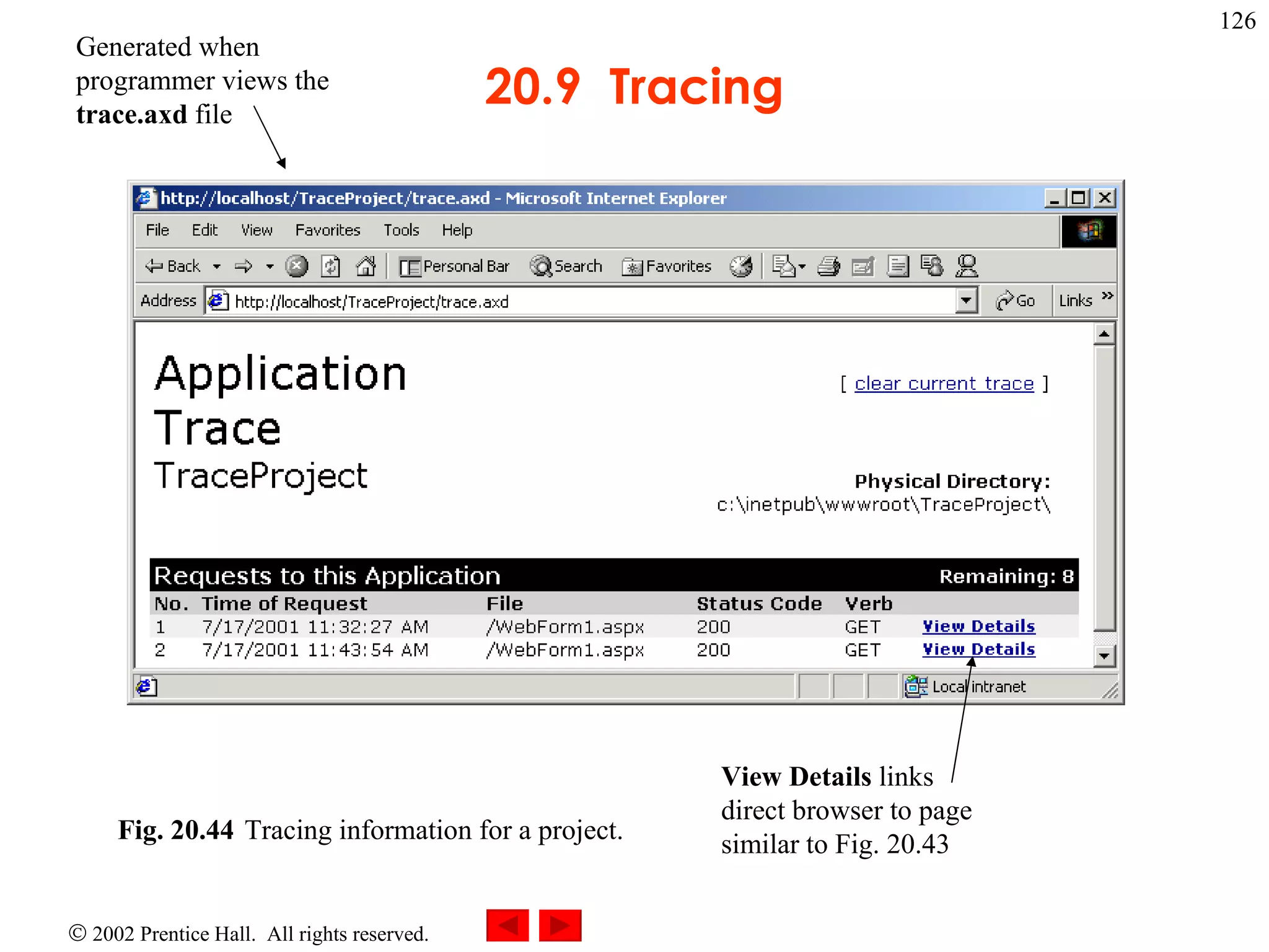 20.9  Tracing Fig. 20.44 Tracing information for a project.   Generated when programmer views the  trace.axd  file View   Details  links direct browser to page similar to Fig. 20.43 
