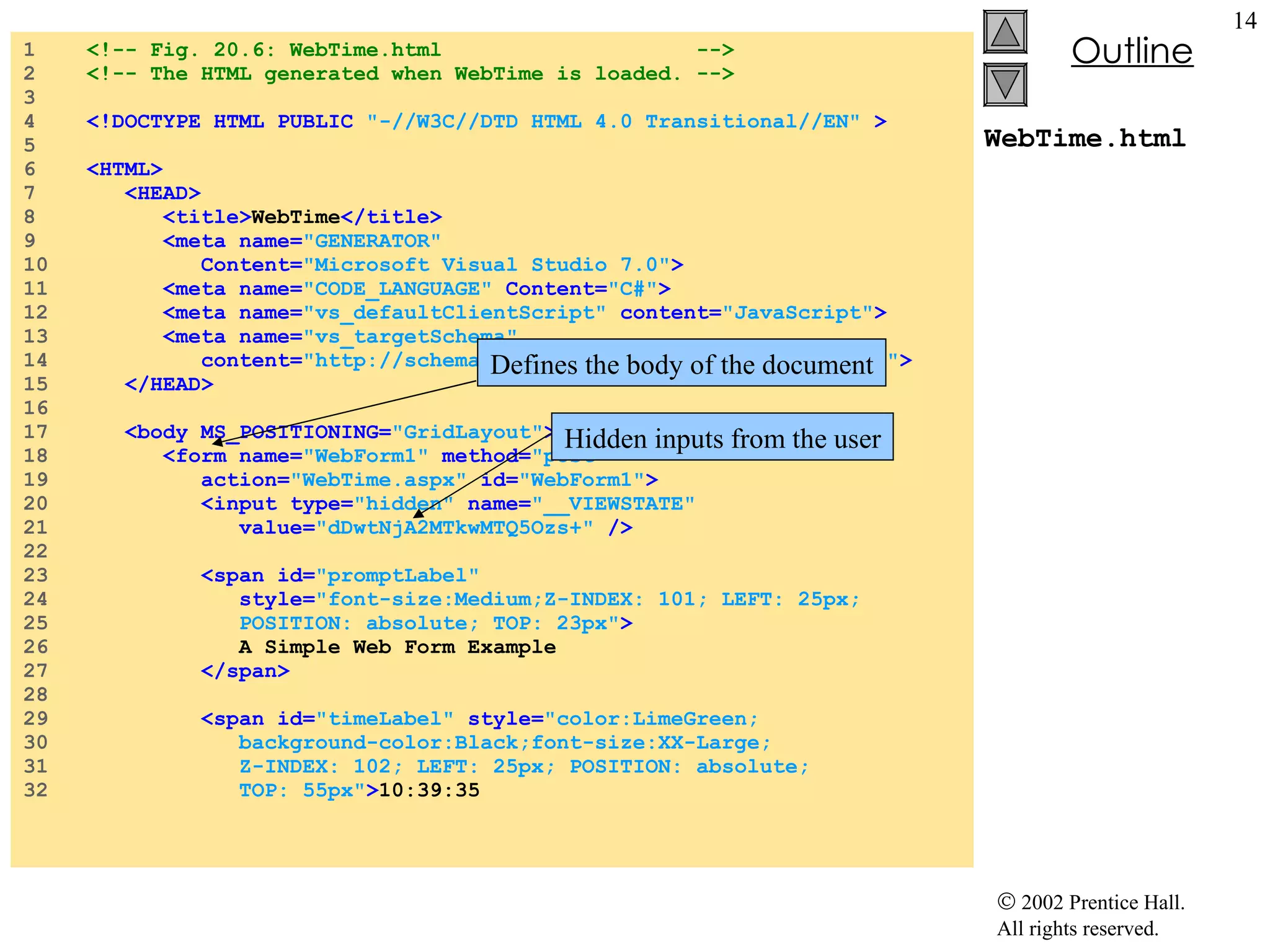 WebTime.html 1  <!-- Fig. 20.6: WebTime.html  --> 2  <!-- The HTML generated when WebTime is loaded. --> 3  4  <!DOCTYPE HTML PUBLIC   "-//W3C//DTD HTML 4.0 Transitional//EN"   > 5  6  <HTML> 7  <HEAD> 8  <title> WebTime </title> 9  <meta name= "GENERATOR"  10  Content= "Microsoft Visual Studio 7.0" > 11  <meta name= "CODE_LANGUAGE"   Content= "C#" > 12  <meta name= "vs_defaultClientScript"   content= "JavaScript" > 13  <meta name= "vs_targetSchema"   14  content= "http://schemas.microsoft.com/intellisense/ie5" > 15  </HEAD> 16  17  <body MS_POSITIONING= "GridLayout" > 18  <form name= "WebForm1"   method= "post"   19  action= "WebTime.aspx"   id= "WebForm1" > 20  <input type= "hidden"   name= "__VIEWSTATE"   21  value= "dDwtNjA2MTkwMTQ5Ozs+"   /> 22  23  <span id= "promptLabel"   24  style= "font-size:Medium;Z-INDEX: 101; LEFT: 25px;   25  POSITION: absolute; TOP: 23px" > 26  A Simple Web Form Example 27  </span> 28  29  <span id= "timeLabel"   style= "color:LimeGreen; 30  background-color:Black;font-size:XX-Large; 31  Z-INDEX: 102; LEFT: 25px; POSITION: absolute;  32  TOP: 55px" > 10:39:35 Defines the body of the document Hidden inputs from the user 