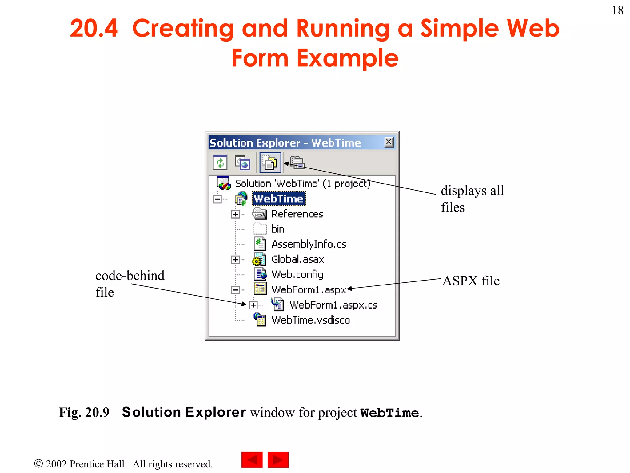 20.4  Creating and Running a Simple Web Form Example Fig. 20.9 Solution   Explorer  window for project  WebTime .  code-behind file ASPX file displays all files 