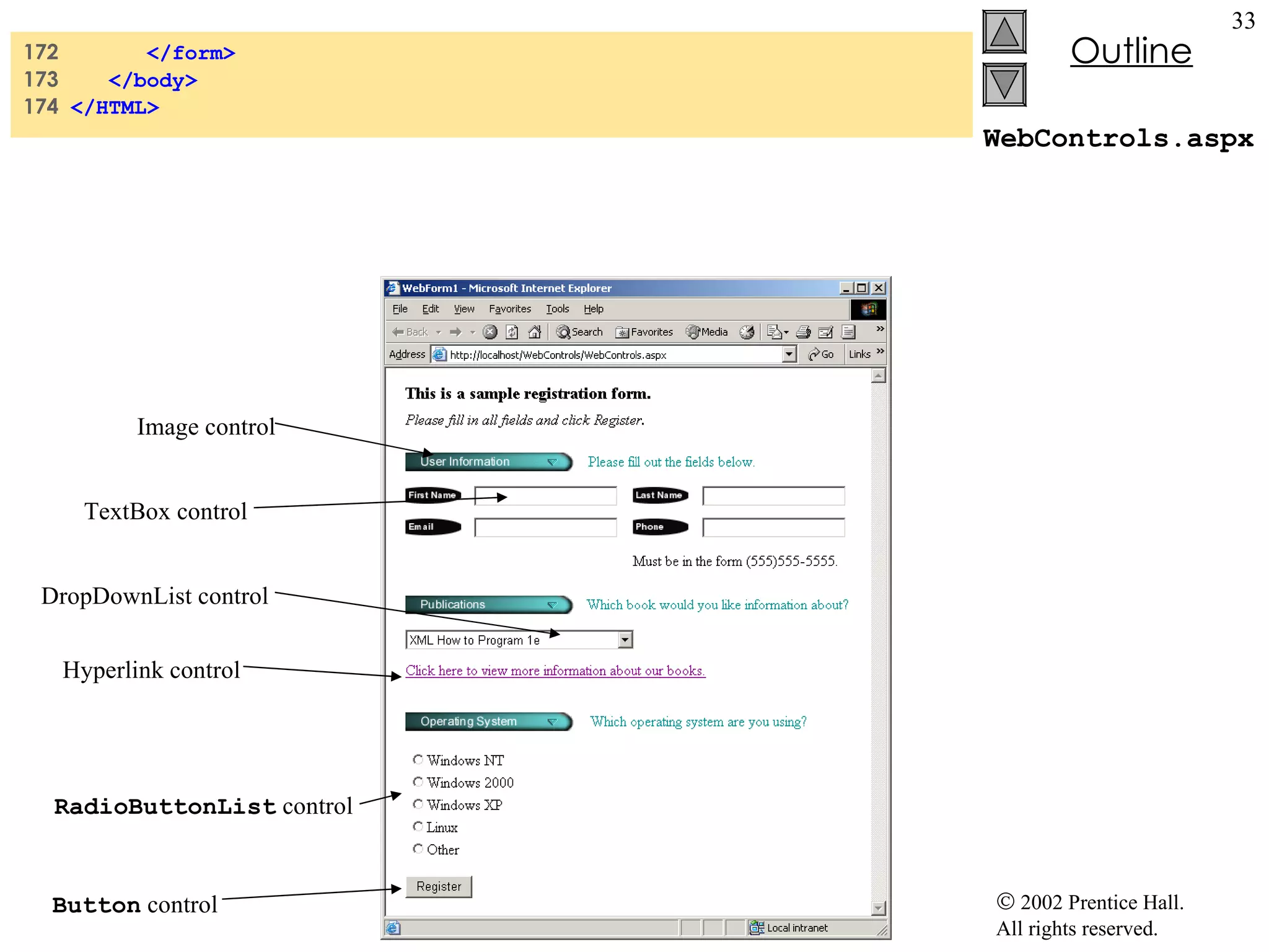 WebControls.aspx 172  </form> 173  </body> 174  </HTML> Button  control RadioButtonList  control Hyperlink control DropDownList control TextBox control Image control 