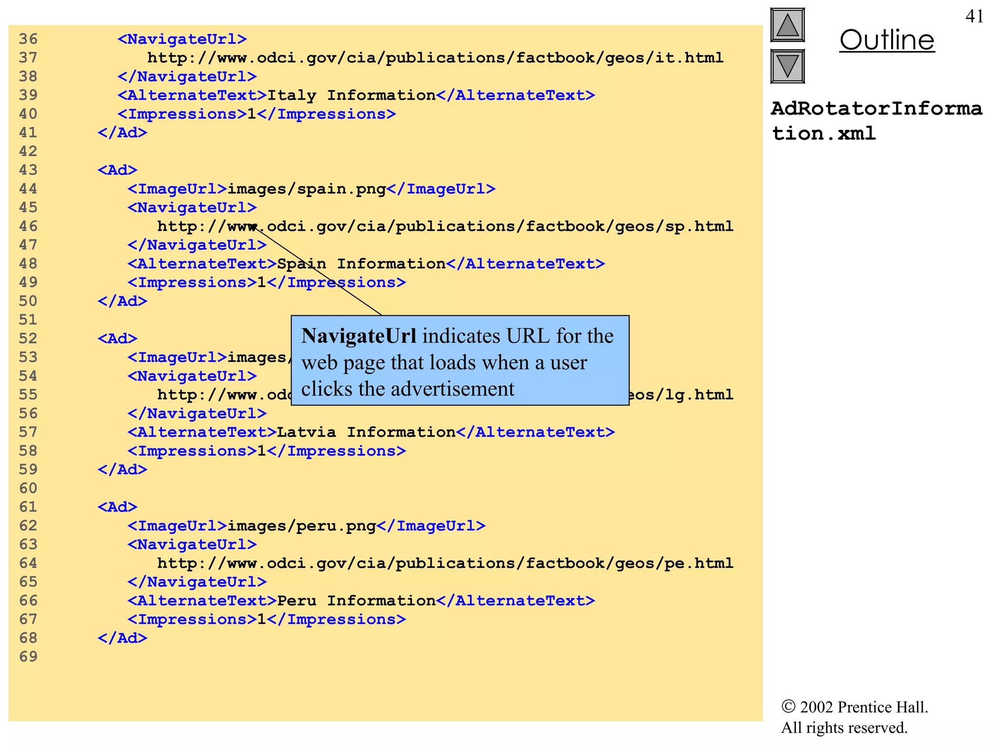 AdRotatorInformation.xml 36  <NavigateUrl> 37  http://www.odci.gov/cia/publications/factbook/geos/it.html 38  </NavigateUrl> 39  <AlternateText> Italy Information </AlternateText> 40  <Impressions> 1 </Impressions> 41  </Ad> 42  43  <Ad> 44  <ImageUrl> images/spain.png </ImageUrl> 45  <NavigateUrl> 46  http://www.odci.gov/cia/publications/factbook/geos/sp.html 47  </NavigateUrl> 48  <AlternateText> Spain Information </AlternateText> 49  <Impressions> 1 </Impressions> 50  </Ad> 51  52  <Ad> 53  <ImageUrl> images/latvia.png </ImageUrl> 54  <NavigateUrl> 55  http://www.odci.gov/cia/publications/factbook/geos/lg.html 56  </NavigateUrl> 57  <AlternateText> Latvia Information </AlternateText> 58  <Impressions> 1 </Impressions> 59  </Ad> 60  61  <Ad> 62  <ImageUrl> images/peru.png </ImageUrl> 63  <NavigateUrl> 64  http://www.odci.gov/cia/publications/factbook/geos/pe.html 65  </NavigateUrl> 66  <AlternateText> Peru Information </AlternateText>  67  <Impressions> 1 </Impressions> 68  </Ad> 69  NavigateUrl  indicates URL for the  web page that loads when a user clicks the advertisement 