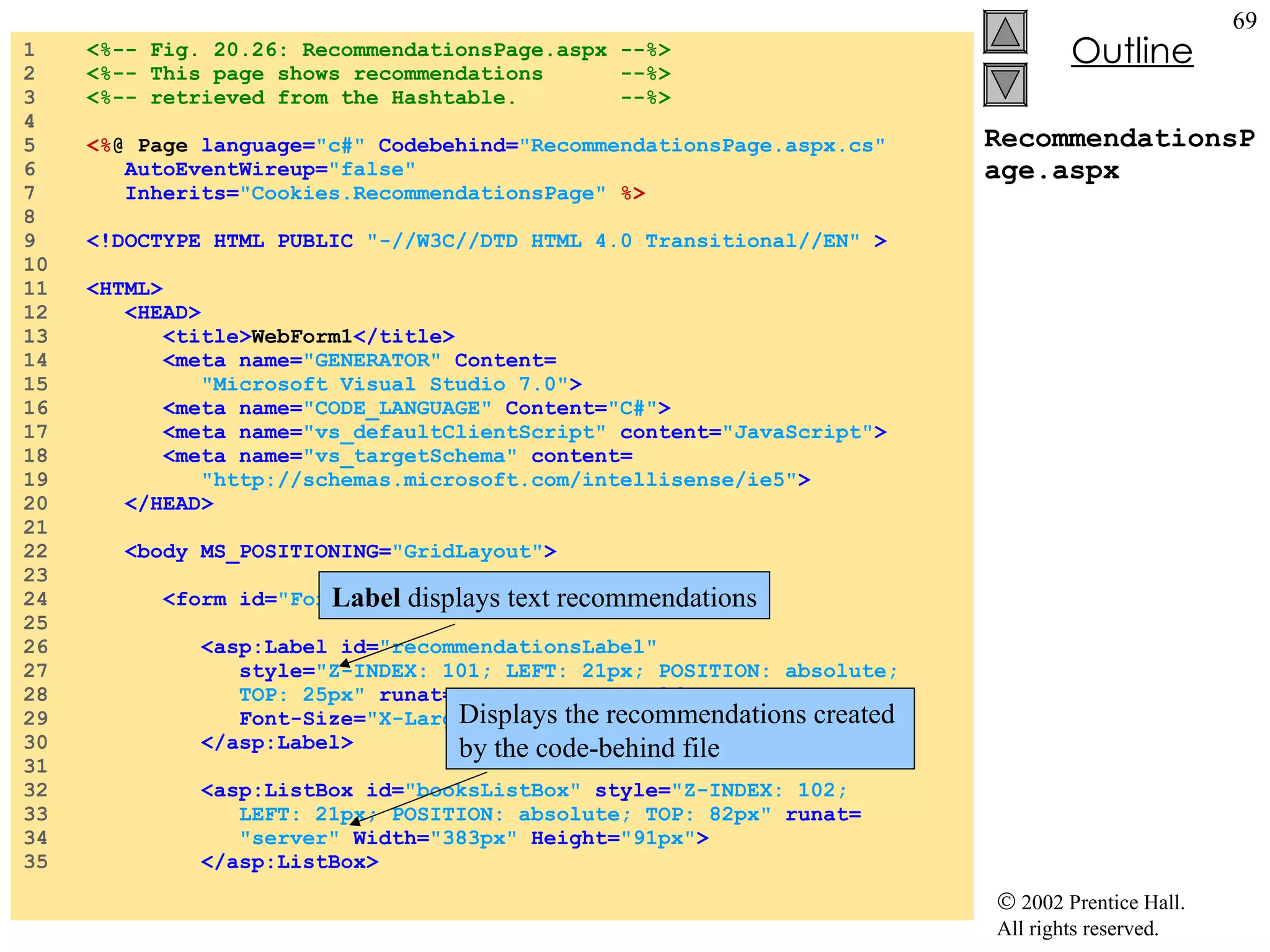 RecommendationsPage.aspx 1  <%-- Fig. 20.26: RecommendationsPage.aspx --%> 2  <%-- This page shows recommendations  --%> 3  <%-- retrieved from the Hashtable.  --%> 4  5  <% @ Page  language= "c#"  Codebehind= "RecommendationsPage.aspx.cs" 6  AutoEventWireup= "false" 7  Inherits= "Cookies.RecommendationsPage"  %> 8  9  <!DOCTYPE HTML PUBLIC  "-//W3C//DTD HTML 4.0 Transitional//EN"  > 10  11  <HTML> 12  <HEAD> 13  <title> WebForm1 </title> 14  <meta name= "GENERATOR"  Content= 15  "Microsoft Visual Studio 7.0" > 16  <meta name= "CODE_LANGUAGE"  Content= "C#" > 17  <meta name= "vs_defaultClientScript"  content= "JavaScript" > 18  <meta name= "vs_targetSchema"  content= 19  "http://schemas.microsoft.com/intellisense/ie5" > 20  </HEAD> 21  22  <body MS_POSITIONING= "GridLayout" > 23  24  <form id= "Form1"  method= "post"  runat= "server" > 25  26  <asp:Label id= "recommendationsLabel" 27  style= "Z-INDEX: 101; LEFT: 21px; POSITION: absolute; 28  TOP: 25px"  runat= "server"  Font-Bold= "True" 29  Font-Size= "X-Large" > Recommendations 30  </asp:Label> 31  32  <asp:ListBox id= "booksListBox"  style= "Z-INDEX: 102; 33  LEFT: 21px; POSITION: absolute; TOP: 82px"  runat= 34  "server"  Width= "383px"  Height= "91px" > 35  </asp:ListBox> Displays the recommendations created  by the code-behind file Label  displays text recommendations 