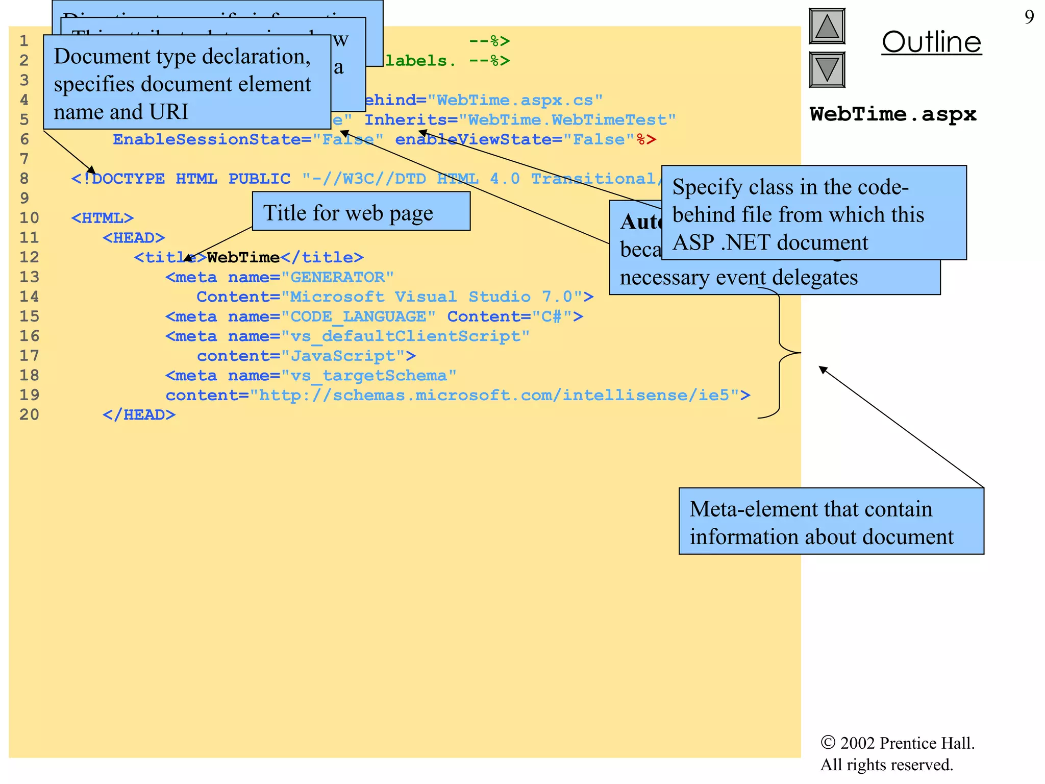 WebTime.aspx 1  <%-- Fig. 20.4: WebTime.aspx  --%> 2  <%-- A page that contains two labels. --%> 3  4  <% @ Page  language= "c#"   Codebehind= "WebTime.aspx.cs"  5  AutoEventWireup= "false"  Inherits= "WebTime.WebTimeTest"  6  EnableSessionState= "False"   enableViewState= "False" %> 7  8  <!DOCTYPE HTML PUBLIC   "-//W3C//DTD HTML 4.0 Transitional//EN"  > 9  10  <HTML> 11  <HEAD> 12  <title> WebTime </title> 13  <meta name= "GENERATOR"   14  Content= "Microsoft Visual Studio 7.0" > 15  <meta name= "CODE_LANGUAGE"   Content= "C#" > 16  <meta name= "vs_defaultClientScript"  17  content= "JavaScript" > 18  <meta name= "vs_targetSchema"   19  content= "http://schemas.microsoft.com/intellisense/ie5" > 20  </HEAD> Directive to specify information needed to process file   This attribute determines how event handlers are linked to a control’s events AutoEventWireUp  set to  false  because Visual Studio generates necessary event delegates Specify class in the code-behind file from which this ASP .NET document Document type declaration, specifies document element name and URI Title for web page Meta-element that contain information about document 
