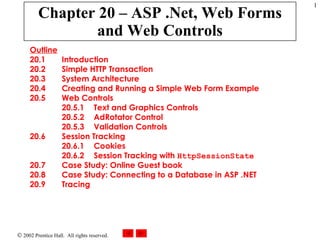 Chapter 20 – ASP .Net, Web Forms and Web Controls Outline 20.1  Introduction 20.2  Simple HTTP Transaction 20.3  System Architecture 20.4  Creating and Running a Simple Web Form Example 20.5  Web Controls 20.5.1  Text and Graphics Controls 20.5.2  AdRotator Control 20.5.3  Validation Controls 20.6  Session Tracking 20.6.1  Cookies 20.6.2  Session Tracking with  HttpSessionState 20.7  Case Study: Online Guest book 20.8  Case Study: Connecting to a Database in ASP .NET 20.9  Tracing 