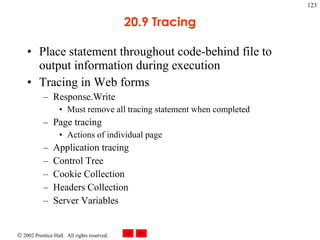 20.9 Tracing Place statement throughout code-behind file to output information during execution Tracing in Web forms Response.Write Must remove all tracing statement when completed Page tracing Actions of individual page Application tracing Control Tree Cookie Collection Headers Collection Server Variables 