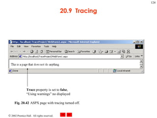 20.9  Tracing Fig. 20.42 ASPX page with tracing turned off.  Trace  property is set to  false , “Using warnings” no displayed 