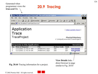 20.9  Tracing Fig. 20.44 Tracing information for a project.   Generated when programmer views the  trace.axd  file View   Details  links direct browser to page similar to Fig. 20.43 