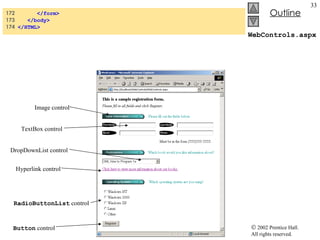 WebControls.aspx 172  </form> 173  </body> 174  </HTML> Button  control RadioButtonList  control Hyperlink control DropDownList control TextBox control Image control 