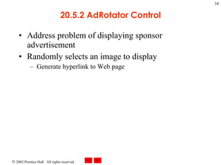 20.5.2 AdRotator Control Address problem of displaying sponsor advertisement Randomly selects an image to display Generate hyperlink to Web page 