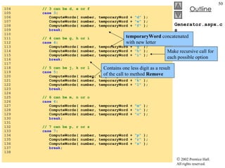 Generator.aspx.cs 104  // 3 can be d, e or f 105  case   3 : 106  ComputeWords( number, temporaryWord +  "d"  ); 107  ComputeWords( number, temporaryWord +  "e"  ); 108  ComputeWords( number, temporaryWord +  "f"  ); 109  break ; 110  111  // 4 can be g, h or i 112  case   4 : 113  ComputeWords( number, temporaryWord +  "g"  ); 114  ComputeWords( number, temporaryWord +  "h"  ); 115  ComputeWords( number, temporaryWord +  "i"  ); 116  break ; 117  118  // 5 can be j, k or l 119  case   5 : 120  ComputeWords( number, temporaryWord +  "j"  ); 121  ComputeWords( number, temporaryWord +  "k"  ); 122  ComputeWords( number, temporaryWord +  "l"  ); 123  break ; 124  125  // 6 can be m, n or o 126  case   6 : 127  ComputeWords( number, temporaryWord +  "m"  ); 128  ComputeWords( number, temporaryWord +  "n"  ); 129  ComputeWords( number, temporaryWord +  "o"  ); 130  break ; 131  132  // 7 can be p, r or s 133  case   7 : 134  ComputeWords( number, temporaryWord +  "p"  ); 135  ComputeWords( number, temporaryWord +  "r"  ); 136  ComputeWords( number, temporaryWord +  "s"  ); 137  break ; 138  Make recursive call for each possible option Contains one less digit as a result of the call to method  Remove temporaryWord  concatenated with new letter 