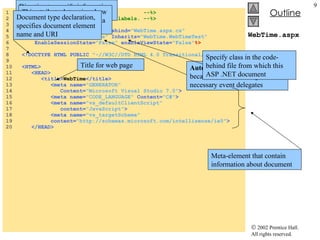 WebTime.aspx 1  <%-- Fig. 20.4: WebTime.aspx  --%> 2  <%-- A page that contains two labels. --%> 3  4  <% @ Page  language= "c#"   Codebehind= "WebTime.aspx.cs"  5  AutoEventWireup= "false"  Inherits= "WebTime.WebTimeTest"  6  EnableSessionState= "False"   enableViewState= "False" %> 7  8  <!DOCTYPE HTML PUBLIC   "-//W3C//DTD HTML 4.0 Transitional//EN"  > 9  10  <HTML> 11  <HEAD> 12  <title> WebTime </title> 13  <meta name= "GENERATOR"   14  Content= "Microsoft Visual Studio 7.0" > 15  <meta name= "CODE_LANGUAGE"   Content= "C#" > 16  <meta name= "vs_defaultClientScript"  17  content= "JavaScript" > 18  <meta name= "vs_targetSchema"   19  content= "http://schemas.microsoft.com/intellisense/ie5" > 20  </HEAD> Directive to specify information needed to process file   This attribute determines how event handlers are linked to a control’s events AutoEventWireUp  set to  false  because Visual Studio generates necessary event delegates Specify class in the code-behind file from which this ASP .NET document Document type declaration, specifies document element name and URI Title for web page Meta-element that contain information about document 