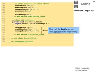 Welcome.aspx.cs 104  // clear textboxes and close stream 105  nameTextBox.Text =  "" ; 106  emailTextBox.Text =  "" ; 107  messageTextBox.Text =  "" ; 108  guestbook.Close(); 109  110  FillMessageTable(); 111  }  // end method submitButton_Click 112  113  // clear all text boxes 114  private   void  clearButton_Click( 115  object  sender, System.EventArgs e ) 116  { 117  nameTextBox.Text =  "" ; 118  emailTextBox.Text =  "" ; 119  messageTextBox.Text =  "" ; 120  121  }  // end method clearButton_Click 122  123  }  // end class GuestBookForm 124  125  }  // end namespace Guestbook Clears all the  TextBox es by setting properties to empty string 